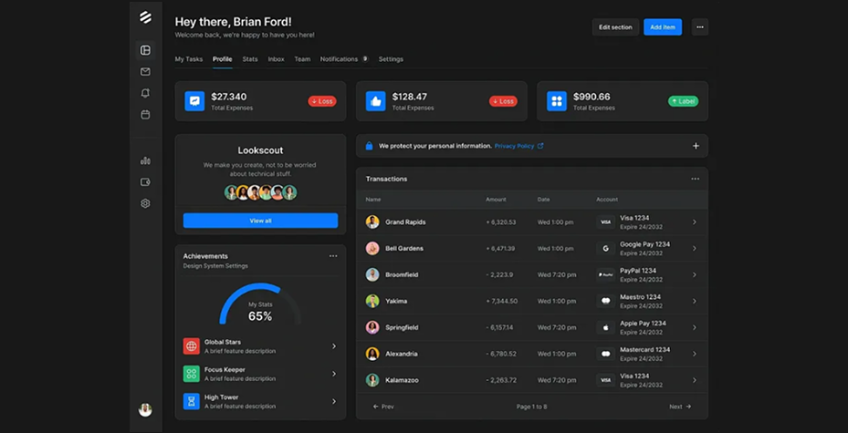 Dashboard escuro com perfil de usuário, estatísticas de despesas, lista de transações com nome, valor, data e tipo de pagamento, além de seções de conquistas e equipe.