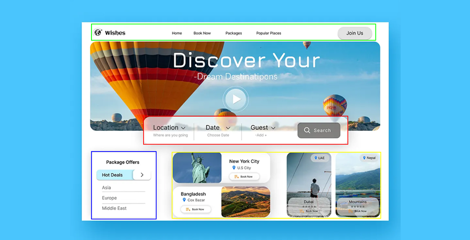 Interface de site de viagens com seções destacadas: imagem de balões com texto Discover Your Dream Destinations em verde, formulário de busca com campos de localização, data, hóspedes e botão Search em vermelho, lista de regiões e ofertas em azul, e pacotes de viagem como Nova York, Dubai, Bangladesh e Nepal em amarelo.