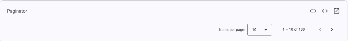 Componente de paginação com seletor de itens por página, mostrando 10 itens por página entre 1 e 10 de um total de 100, com botões de navegação para página anterior e próxima.